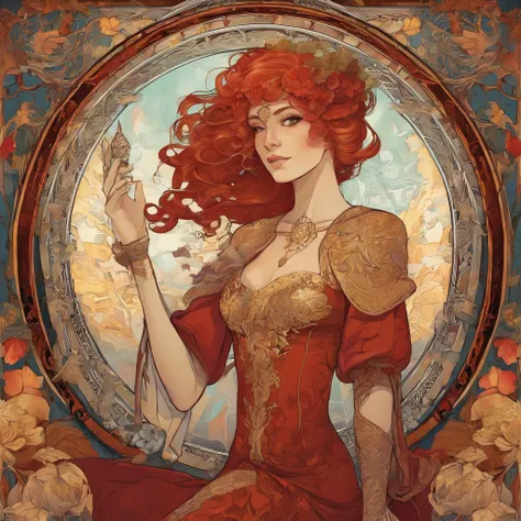 Painting of a red-haired woman with Day of the Dead makeup and a golden dress, Mucha Klimt et Tom Bagshaw, Craig Mullins Alphonse Mucha, Alphonse Mucha et Craig Mullins, Beeple et Alphonse Mucha, Tom Bagshaw Donato Giancola, Krenzcushart, inspired by James...