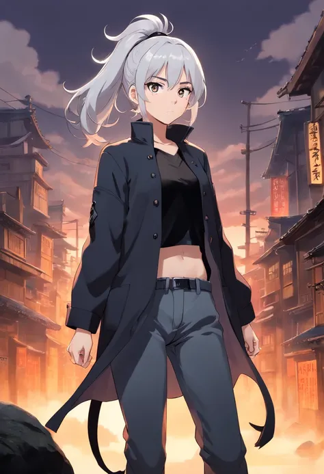 A young woman of 17 years with white hair with black details like ponytail black eyes a white apocalypse style blouse with black coat a gray long pants with tired and angry look a relaxed posture