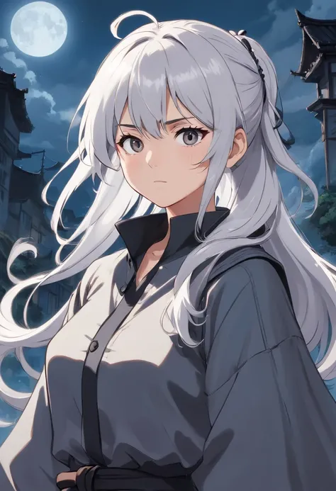 A young woman of 17 years with white hair with black details like ponytail black eyes a white apocalypse style blouse with black coat a gray long pants with tired and angry look a relaxed posture