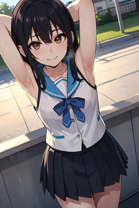 yukina himeragi 、black bra、school uniform、blue pleated skirt),a smile,armpits,cowboy shot、from above,looking at viewer,sunlight,...