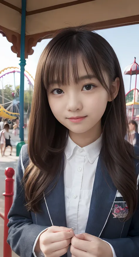 (top-quality、​masterpiece:1.2)、Best Quality、realisitic、photoshot、hight resolution、1080p、8K、Textured skin、Physical Rendering、1 Japan Girls、High school students、kawaii、Young Face、Rolled hair、(An amusement park:1.5)、Autumn outfit:1.5、full of shyness、smil、Big