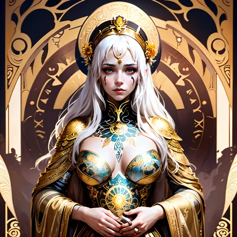 Painting of a white-haired woman with Day of the Dead makeup and a golden dress, Mucha Klimt et Tom Bagshaw, Craig Mullins Alphonse Mucha, Alphonse Mucha et Craig Mullins, Beeple et Alphonse Mucha, Tom Bagshaw Donato Giancola, Krenzcushart, inspired by Jam...