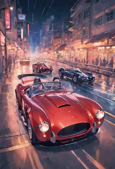 "an Quority(shelby cobra)Racing cars race around the city circuit at night，A breath of blood and speed。"