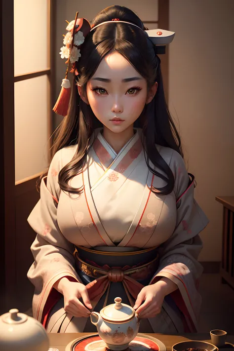 Highly detailed portrait of a traditional Japanese geisha girl, making a large tea ceremony, ghibli aesthetics, (busty) symmetrical face, symmetrical eyes, looks into the camera, stunning photography, photorealistic, art station, soft pastel colours, highl...