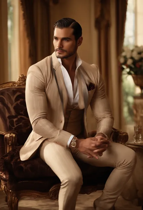 The character sits in a chair，Arm Raised, Dark hair (Neck-length hair tied into a ponytail), pretty pose, Handsome man, Pretty face, royal elegant pose, merchant, (In a striped blazer), (Luxurious and classic living room in the surrounding environment) (Sa...