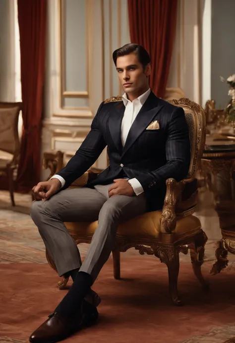 The character sits in a chair，Arm Raised, Dark hair (Neck-length hair tied into a ponytail), pretty pose, Handsome man, Pretty face, royal elegant pose, merchant, (In a striped blazer), (Luxurious and classic living room in the surrounding environment) (Sa...