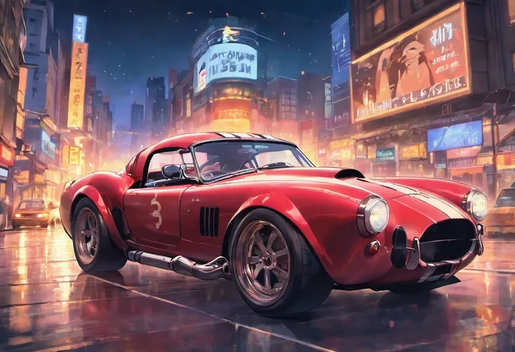 "an Quority(shelby cobra) wide background, new york city scenery at night，A breath of blood and speed。"