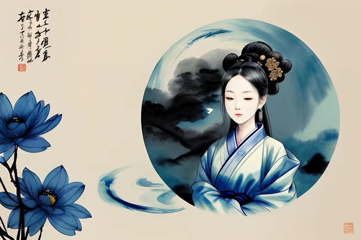 ModelShoot style, (Extremely detailed Cg Unity 8K wallpaper), 1Beautifulwoman，Hanfu，Blue and white porcelain，Abstract stylized beauty, lotuspond, moon full，depth of fields，Traditional Chinese Ink Painting, Traditional Chinese art, author：Guo Xi, author：Ma ...