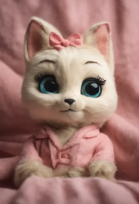 There is a picture of a cat on the phone, 3D Precious Moments Plush Cat, Cute Vomo stuffed fox, disneys bambi cat, stuffed doll, plushies, Pink fox, plushies, Official product image, cute toy, disney stylized furry, High quality material BSSRDF, kids toy