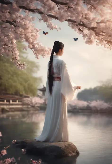 Best quality,(RAW photo:1.2),(Masterpiece:1.4),(Photorealistic:1.4),(A high resolution:1.4),
1girll, Long hair, Braid, Butterfly, Depth of field, From above,
hanami, Cherry blossoms, Lake, beautiful detailed  water, Black hair, Long eyelashes, 
 PureErosFa...