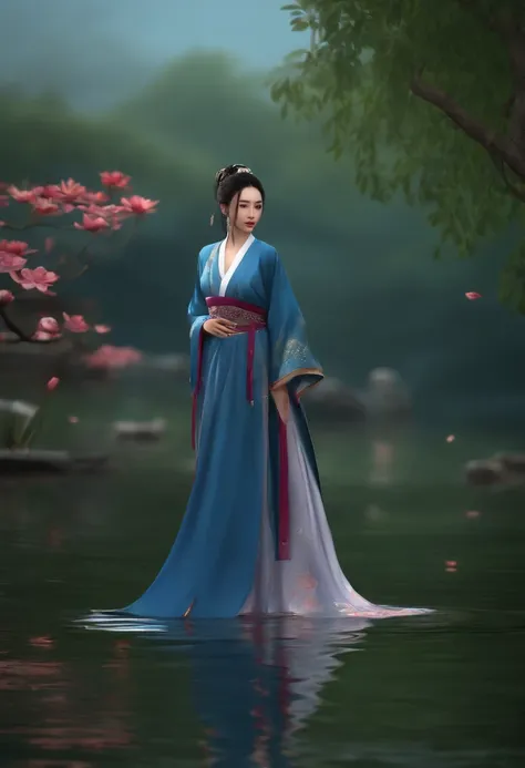 ((4K,Masterpiece,Best quality)), Shuimobysim, Peinture chinoise, lotus, Hanfu, Maxiskit, Robe ouverte, SWF 1fille, seulement, longs cheveux bleus, sourire, debout, feet in the water, pieds nus,