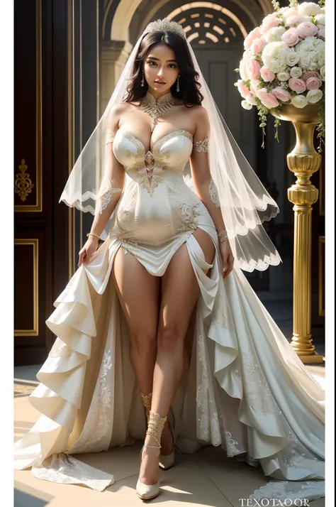 arafed woman in a wedding dress and veil posing for a picture, extravagant dress, robe. extremely high details, curvaceous. detailed expression, curvaceous. detailed, curvaceous, sexy gown, voluptuous and arousing, expensive voluminous dress, thicc, dresse...