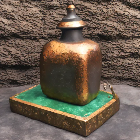 The bottle is placed on the stone letter，Overall height 28 cm，There is a cover on it，Threading with hinges，The buckle is tight。The shape of this copper clean bottle is similar to that of the copper clean bottle unearthed by the monk Tataki of the God Socie...