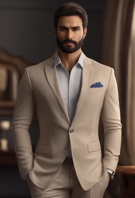 Draw a tall, full-bodied man with short brown hair and an unshaven beard.(extremely detailed CG unity 8k wallpaper),(masterpiece), (best quality), (ultra-detailed), (best illustration),(best shadow), bedroom background, standing, Best quality, masterpiece,...