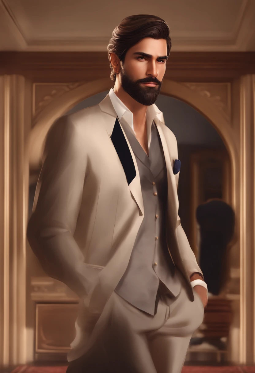 Draw a tall, full-bodied man with short brown hair and an unshaven beard.(extremely detailed CG unity 8k wallpaper),(masterpiece), (best quality), (ultra-detailed), (best illustration),(best shadow), bedroom background, standing, Best quality, masterpiece,...