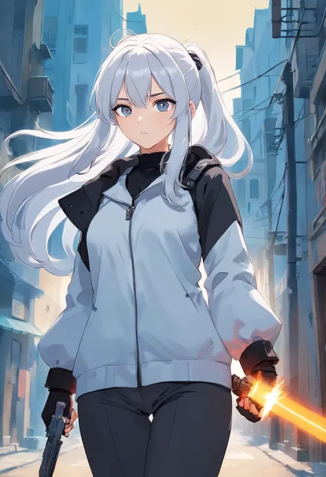 A young woman of 17 years with white hair with black details like ponytail black eyes a white apocalypse style blouse with black coat a long gray pants with a tired and angry look a relaxed posture holding a white pistol with light blue details with ice po...