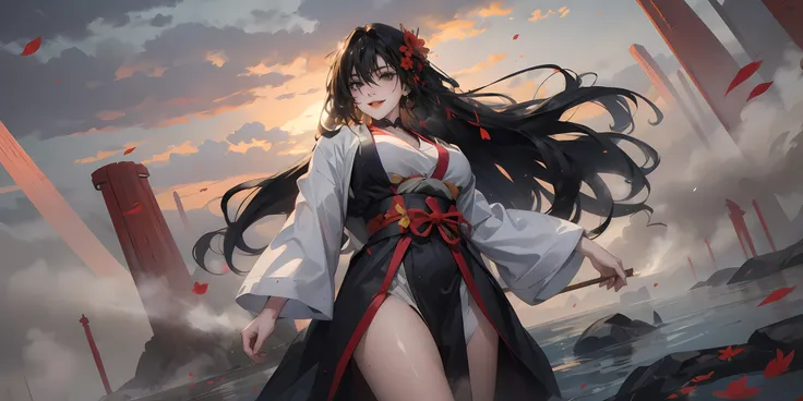 long_hair, hair_ornament, breasts, black_hair, solo, wide_sleeves, smile, bangs, japanese_clothes, looking_at_viewer, sky, cloud...