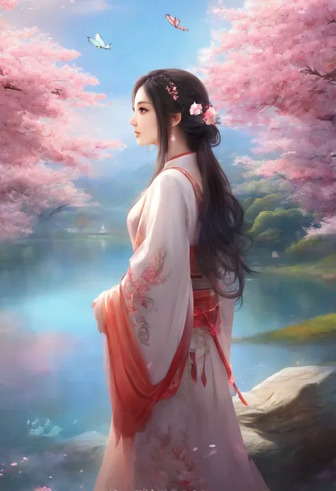 Best quality,(RAW photo:1.2),(Masterpiece:1.4),(Photorealistic:1.4),(A high resolution:1.4),
1girll, Long hair, Braid, Butterfly, Depth of field, From above,
hanami, Cherry blossoms, Lake, beautiful detailed  water, Black hair, Long eyelashes, 
 PureErosFa...