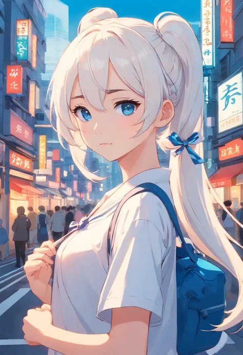 White color hair，Double ponytail curls，blue color eyes，White Lolita，Beth，A bustling city street