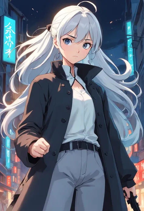 A young woman of 17 years with white hair with black details like ponytail black eyes a white apocalypse style blouse with black coat a long gray pants with a tired and angry look a relaxed posture holding a white pistol with light blue details with ice po...