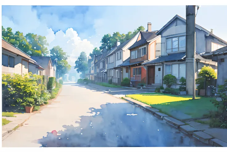 ((masutepiece)), (Professional Photography:1.2), (High Definition:1.3), Best Quality, (watercolor painting:1.3), from side, wide shot, residential area, townscape, (simple white background:1.10), pale blue fine ink splashing, landscape