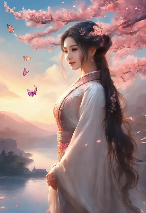 Best quality,(RAW photo:1.2),(Masterpiece:1.4),(Photorealistic:1.4),(A high resolution:1.4),
1girll, Long hair, Braid, Butterfly, Depth of field, From above,
hanami, Cherry blossoms, Lake, beautiful detailed  water, Black hair, Long eyelashes, 
 PureErosFa...