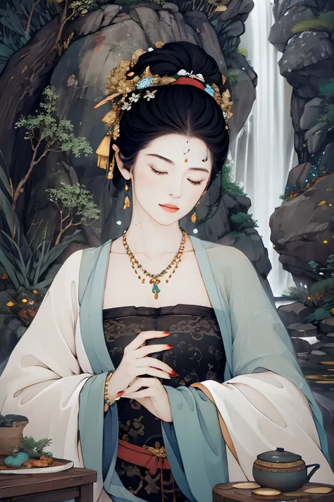 masterpiece, 1girll, nail_polish, jewelry, necklace, black_hair, closed_eyes, solo, dress,black_hair, ancient art, chinese, wate...