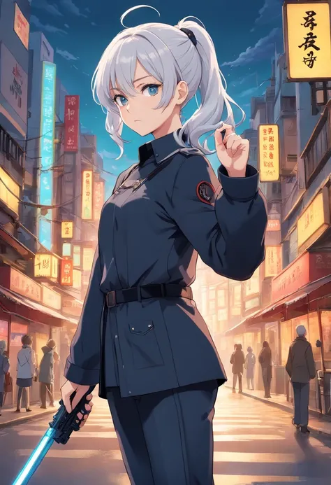 A young woman of 17 years with white hair with black details like ponytail black eyes a white apocalypse style blouse with black coat a long gray pants with a tired and angry look a relaxed posture holding a white pistol with light blue details with ice po...