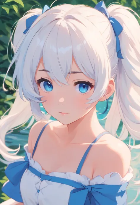 White color hair，Double ponytail curls，blue color eyes，White Lolita，Beth，Beautiful idyllic，4K Ultra HD，