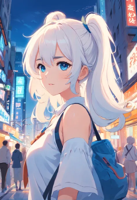 White color hair，Double ponytail curls，blue color eyes，White Lolita，Beth，A bustling city street