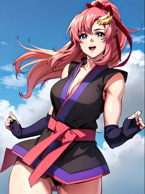 (masterpiece, side view 4K, Best Quality, Anime style: 1.9, tall, adult Woman, ultra detailed face, (cloud background), Drawing lines, high resolution, Anime, lacus4), 1girl, Solo, curvy figure, Long hair, 鎖骨, scapular, (Detailed wide hair bangs, Hair Orna...