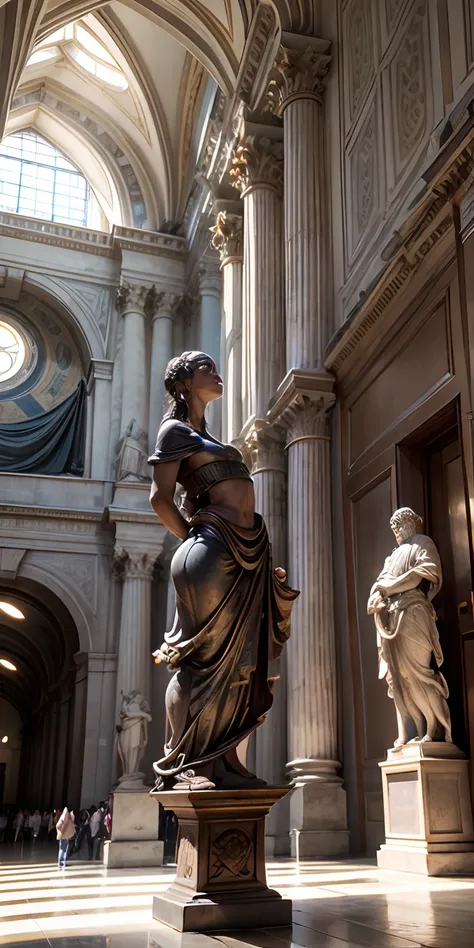 realisticlying、The vast halls of the Museum of Rome in Italy、Lined with humanoid sculptures of the Roman Empire、19-year-old girl looking up at the sculpture from below.sexly