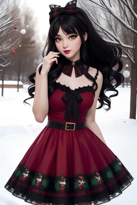 Christmas girl, black long hair Emo Pin up Girl, christmaa dress, Striking a pose, natural make up, skinny girl, innocent, in a snowy park heavenly