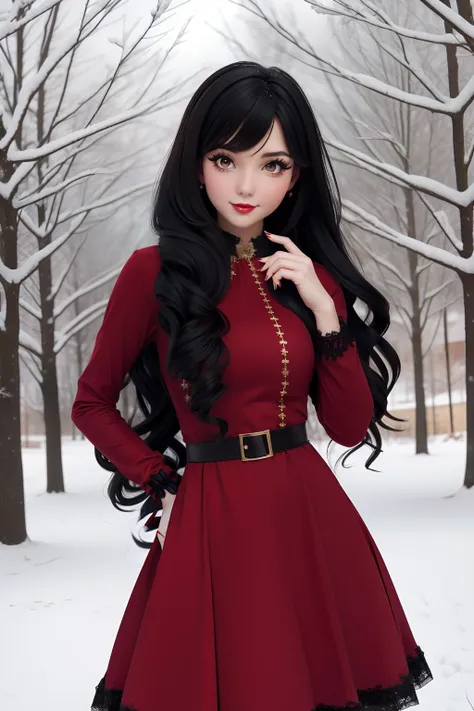 Christmas girl, black long hair Emo Pin up Girl, christmaa dress, Striking a pose, natural make up, skinny girl, innocent, in a snowy park heavenly