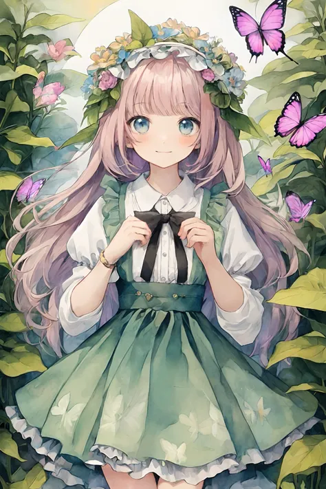 female anime character dressed in a green dress, holding a bow, 1girl, solo, butterfly, bug, long hair, shirt, flower, bow, blush, white shirt, looking at viewer, bangs, long sleeves, puffy sleeves, hair flower, leaf, head wreath, frills, black bow, hair o...