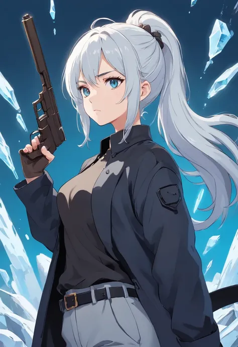 A young woman of 17 years with white hair with black details like ponytail black eyes a white apocalypse style blouse with black coat a long gray pants with tired and angry look with a scar on the face a relaxed posture holding a white pistol with light bl...