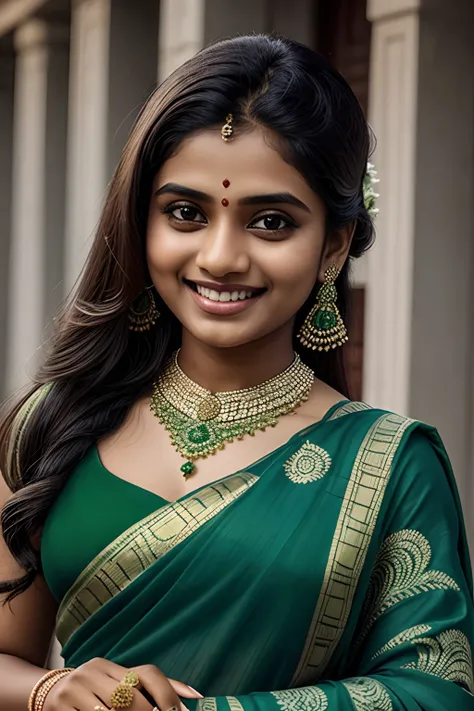 Indian girl, green saree, Bengali girl, beautiful, close up, radiant smile, error free