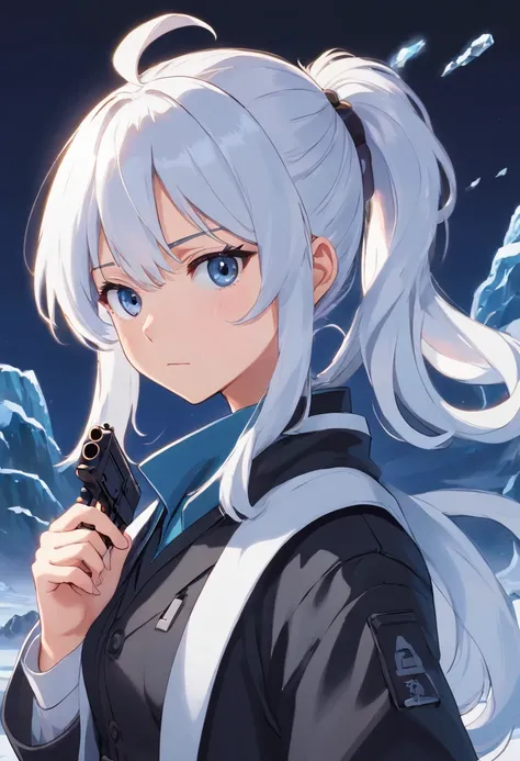 A young woman of 17 years with white hair with black details like ponytail black eyes a white apocalypse style blouse with black coat a long gray pants with tired and angry look with a scar on the face a relaxed posture holding a white desert eagle pistol ...