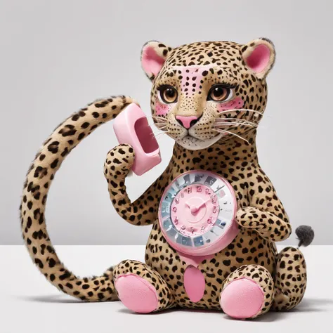 There is a picture of a leopard on the phone, Stuffed leopards precious moment in 3D, Cute Wömo stuffed leopard,, stuffed doll, plushies, Pink Leopard, plushies, Official product image, cute toy, disney stylized furry, High quality material BSSRDF, kids to...