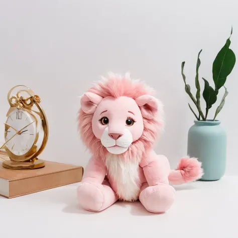 There is a picture of a lion on the phone, Plush lions 3D precious moment, Cute Vomo stuffed lion,, stuffed doll, plushies, Pink lion, plushies, Official product image, cute toy, disney stylized furry, High quality material BSSRDF, kids toy