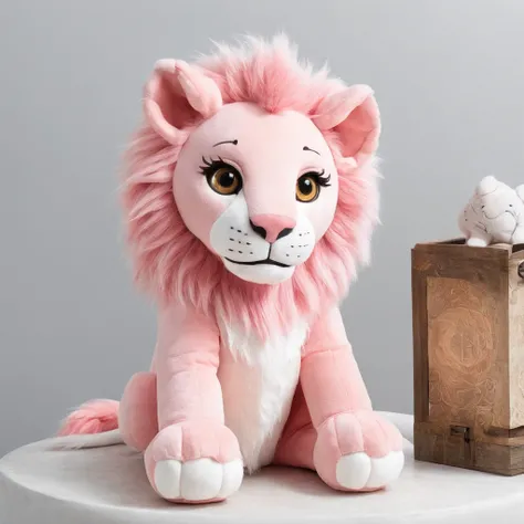 There is a picture of a lion on the phone, Plush lions 3D precious moment, Cute Vomo stuffed lion,, stuffed doll, plushies, Pink lion, plushies, Official product image, cute toy, disney stylized furry, High quality material BSSRDF, kids toy