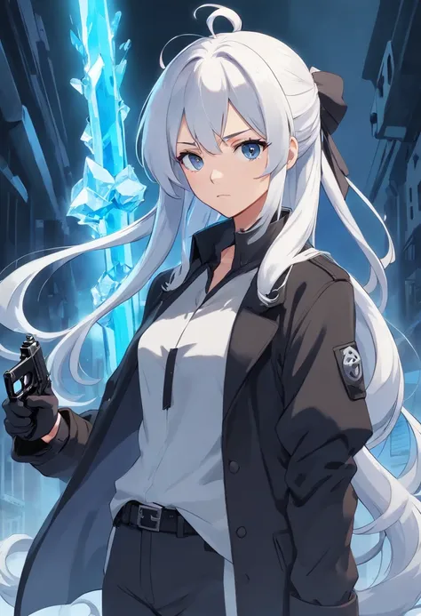 A young woman of 17 years with white hair with black details like ponytail black eyes a white apocalypse style blouse with black coat a long gray pants with tired and angry look with a scar on the face a relaxed posture holding a white pistol with light bl...