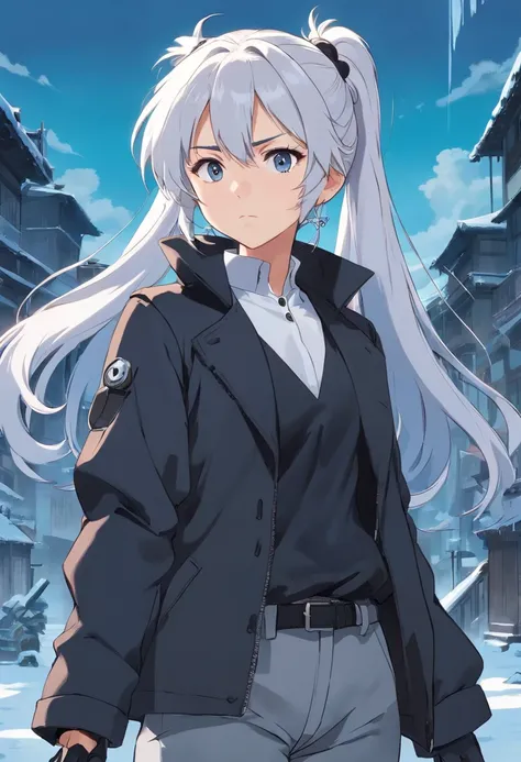 A young woman of 17 years with white hair with black details like ponytail black eyes a white apocalypse style blouse with black coat a long gray pants with tired and angry look with a scar on the face a relaxed posture holding a white pistol with light bl...