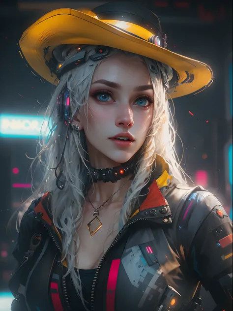 HighestQuali，tmasterpiece：1.2，Detailed details，4K，unreal-engine:1.4,Ultra-realistic 64K CG, Fotorrealista:1.4, Skin texture:1.4, tmasterpiece:1.4,cyber punk style，Beautiful woman in a hat，cowboys，long whitr hair、Yellow cyberpunk-style shorts, Red pantyhose...