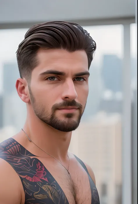 handsome man, neonic light, bar, stylish appearance, confident expression, sharp suit, fashionable haircut, well-groomed beard, intense gaze, dimly lit ambiance, vibrant colors, energetic atmosphere, cool and sophisticated vibe, urban setting, bustling nig...