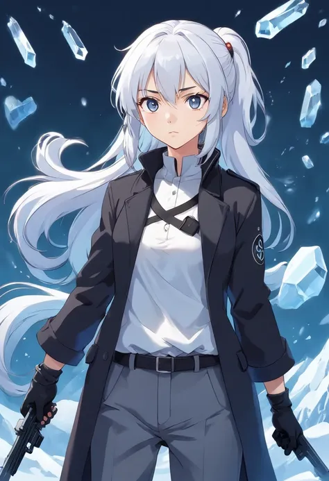 A young woman of 17 years with white hair with black details like ponytail black eyes a white apocalypse style blouse with black coat a long gray pants with tired and angry look with a scar on the face a relaxed posture holding a white pistol with light bl...