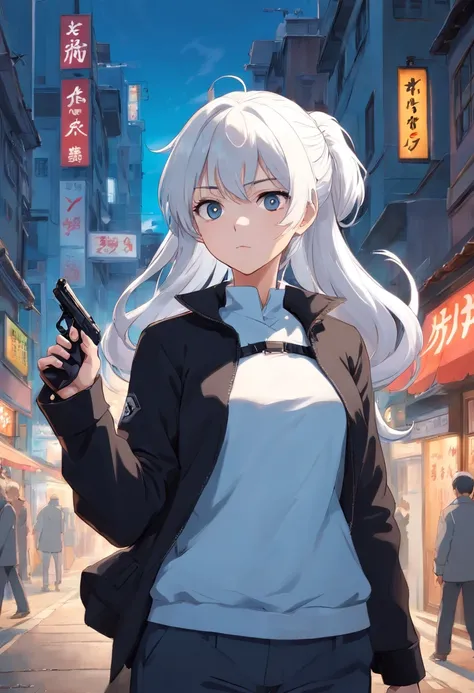 A young woman of 17 years with white hair with black details like ponytail black eyes a white apocalypse style blouse with black coat a long gray pants with tired and angry look with a scar on the face a relaxed posture holding a white pistol with light bl...