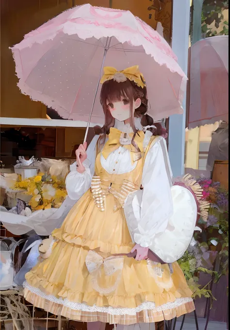 araffe girl in a yellow dress holding an umbrella and a teddy bear, brown hair, long hair, hairbow, lolita style, lolita fashion, wearing wheat yellow gauze, portrait of magical lolita girl, kawaii style, loli, fairycore, dreamy style, victorian gothic lol...