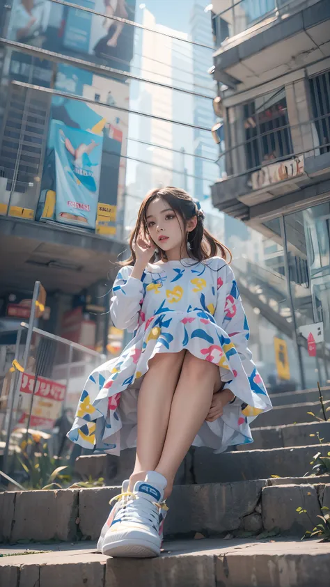 1girl，wearing colorful dresses，(((bottom view))),athletic sneakers，shallow space，urban architectural background，sit pose，best qu...