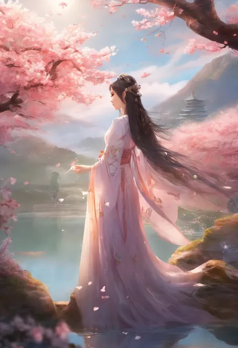 Best quality,(RAW photo:1.2),(Masterpiece:1.4),(Photorealistic:1.4),(A high resolution:1.4),
1girll, Long hair, Braid, Butterfly, Depth of field, From above,
hanami, Cherry blossoms, Lake, beautiful detailed  water, Black hair, Long eyelashes, 
 PureErosFa...